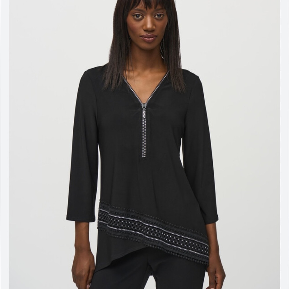 Joseph Ribkoff Black Jersey Knit Flare Tunic rhinestone zipper accent lace 10
